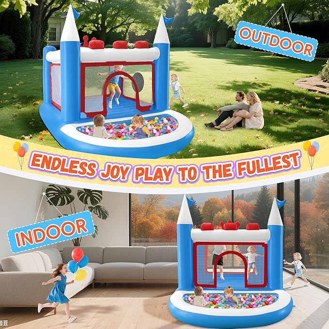 Kids Bounce House with Ball Pit, Basketball Hoop, Target Game and Ring Toss Game PVC Jumping Castle with Electric Air Pump 98”x 70”x 65” Trampoline for Ages 3-8 Indoor or Outdoor Play