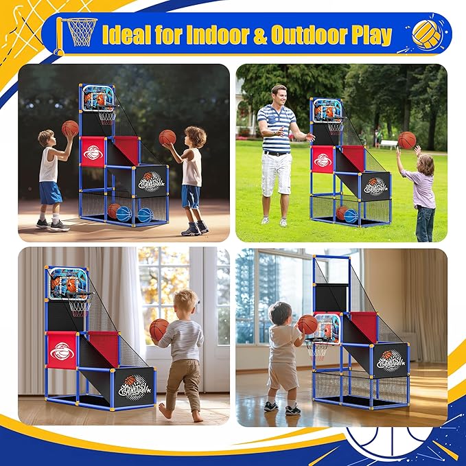 Kids Arcade Basketball Hoop with 4 Balls , Indoor Outdoor Single Shot Basketball Game for Toddler,Carnival Games Sport Toys Gifts for Boys Girls Ages 3-8 Years Old,Ideal for Competition,Pump Included