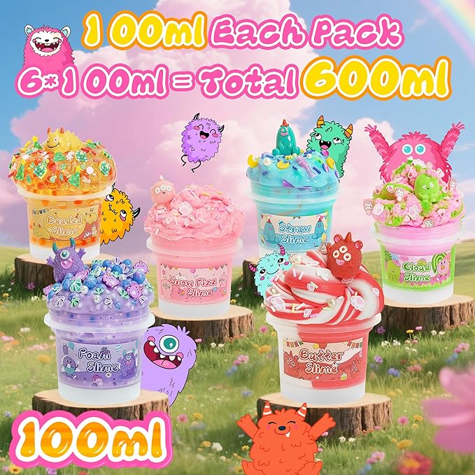 Monster Slime Kit 6×100ml, Slime Variety Pack with Different Textures, Fun Sensory Slimes Toys for Kids Adults, Slime Party Favors for Christmas Halloween Birthday Gifts