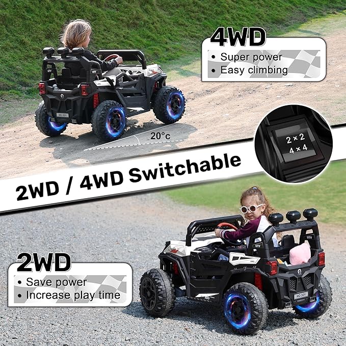ANPABO 24V Ride on Toys for Big Kids w/Remote Control, 4X75W Motors, Max 4.5MPH, 4WD/2WD Switchable, 4 Shock Absorbers, 19" Spacious Seat, Bluetooth, Electric Car for Kids(White)
