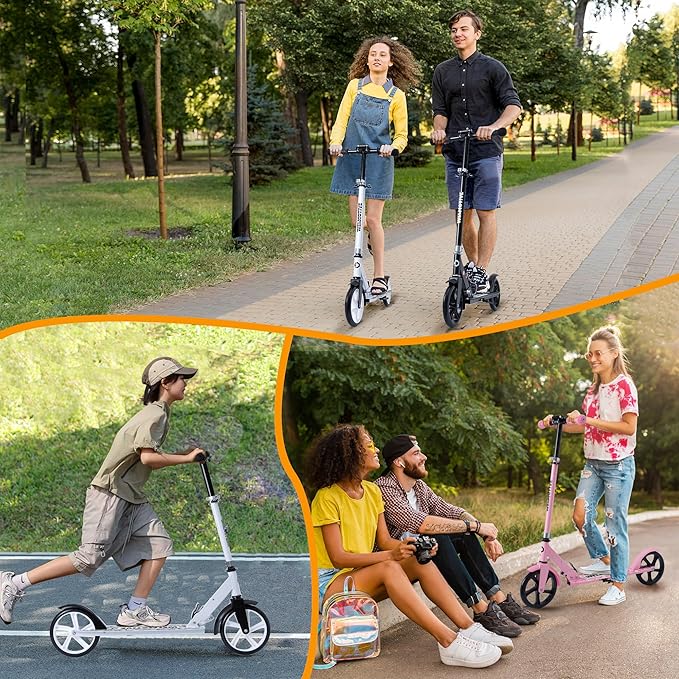 Kick Scooter for Kids Ages 6+, Teens & Adults, Adjustable Handlebars, Rear Brake, Big Wheel Foldable Scooter for Indoor & Outdoor