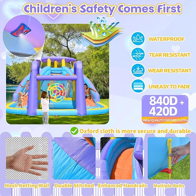 8 in 1 Inflatable Water Slide Bouncy House with Double Slides Water Park with Splash Pool,Climbing Wall,Target Game for Outdoor Backyard Aged 3-10 Kids with 520W Blower 174 x 165 x 90 Inches