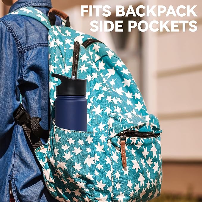 16 oz Insulated Water Bottle for School, Straw & Spout Lid, Keep Cold 24H, Spill Proof, BPA-Free, Double Wall Stainless Steel Kids Water Bottles for Sports, Gym, Travel, Navy Blue