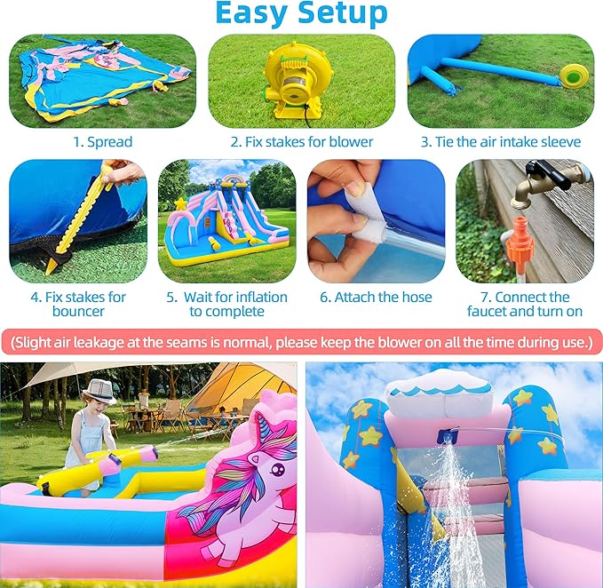 TOAOB Inflatable Water Slide: 6 in 1 Bounce House Water Park for Kids - Climbing Wall Splash Pool 2 Water Cannon 2 Slide Basketball Rim - 550W Blower - for Outdoor Backyard Birthday Party