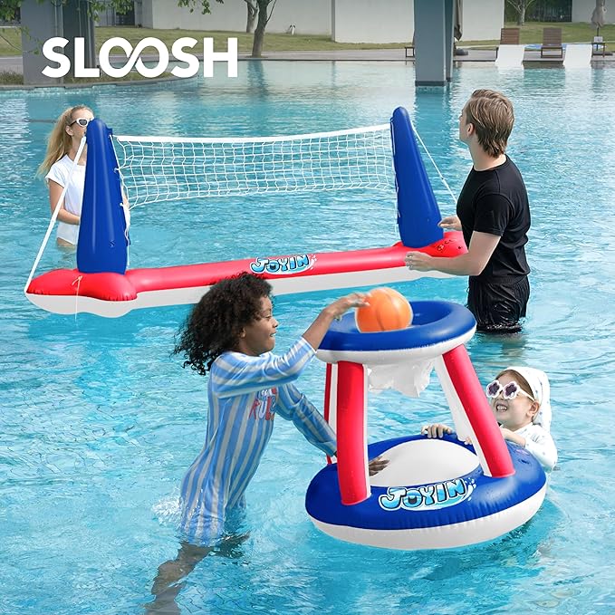 JOYIN Inflatable Pool Float Set Volleyball Net & Basketball Hoops, Balls Included for Kids and Adults Swimming Game Toy, Summer Floaties, Volleyball Court |Basketball,L-Red