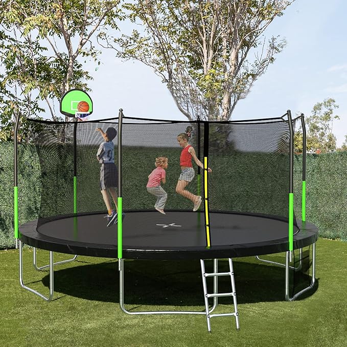 SKOK Trampoline 8FT 10FT 12FT 14FT 15FT Trampolines with Enclosure Net, 400LBS Outdoor Trampolines for Kids with Basketball Hoop-ASTM Approved Trampoline for Children and Adults with Ladder