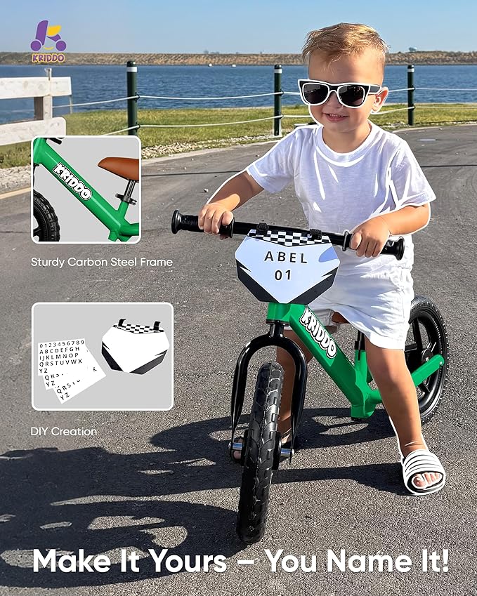 KRIDDO Toddler Balance Bike 2 Year Old, Age 18 Months to 5 Years Old, 12 Inch Push Bicycle with Customize Plate (3 Sets of Stickers Included), Gift Bike for 2-3 Boys Girls, Green