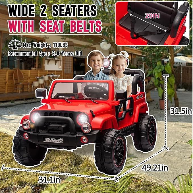 24V XL Kids Electric Ride on Truck Car 2 Seater Remote Control for Toddlers 2-8, 160W 2 Motors 5MPH Max Speed, Bluetooth USB Music Player, LED Lights Safety Belt, Gift for Boys Girls, Red