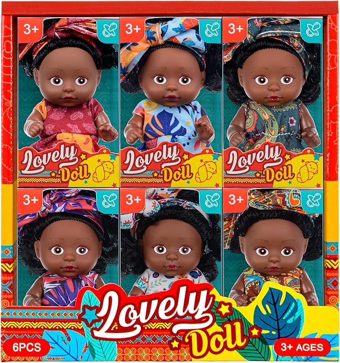 6 Pack 4 Inch African Girl Dolls Set - Black Mini Dolls with Colorful Outfits & Hairbands – Gift for Girls 3-6, 6-12 Educational Toys & Decorative Figures