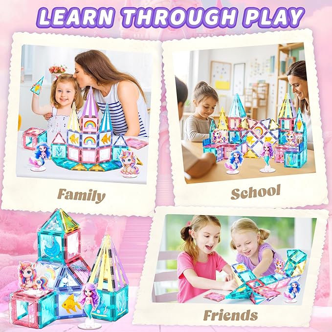 Magnetic Tiles Unicorn Building Toys Set with 4 Dolls, Princess Magnetic Blocks for Kids Ages 3-5 4-8, STEM Educational Sensory Magnet Toys Birthday Gifts for Toddlers Girls Boys