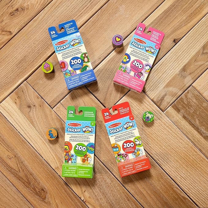 Melissa & Doug Sticker Wow!™ Mini Activity Pad and Refill Stickers 4-Pack (Dinosaur, Pets, Favorite Things, Surprise Pack 1) – 200 Stickers Each (800 Total) for Any Sticker Stamper (Not Included)
