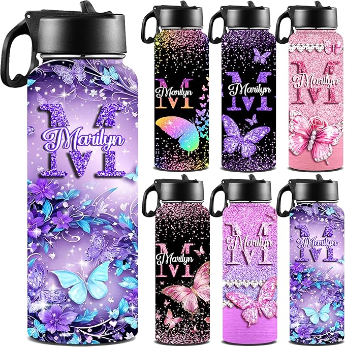 Personalized Butterfly Water Bottles for Girls with Straw Lid Custom Sports Water Bottle for School Customized Name Stainless Steel Double Wall Insulated Cup Birthday Gifts for Kids Style11