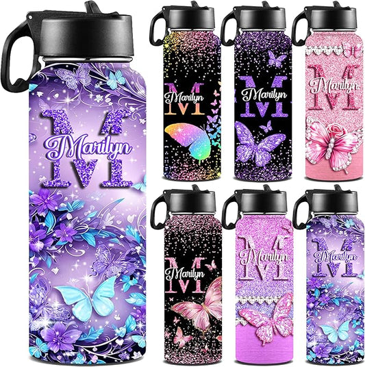 Personalized Butterfly Water Bottles for Girls with Straw Lid Custom Sports Water Bottle for School Customized Name Stainless Steel Double Wall Insulated Cup Birthday Gifts for Kids Style11