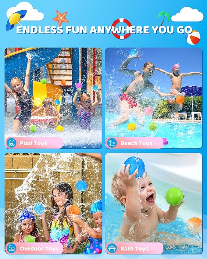 Water Balloons Reusable Splash Ball, Latex-free Water Bomb Pool Toys, No Tying Easy Quick Fill, Magnetic Self-sealing Water Balls for Kids & Adults All Ages Summer Fun Outdoor Party Games