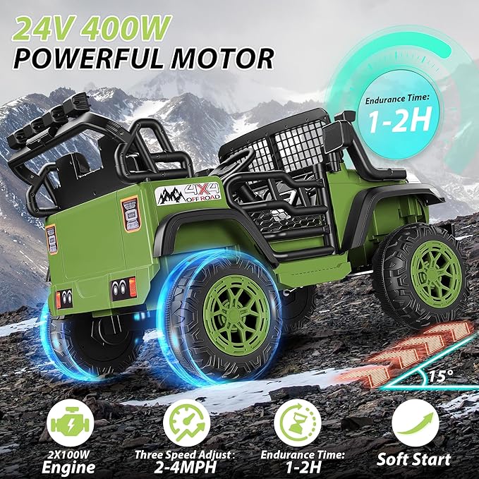 Hikole 24V 2 Seater Electric Ride on Toys Car for Kids 4-8, Remote Control, 2X200W Powered Wheels, 20'' Wide Seats, Sping Suspension, Bluetooth & Music, 110LBS MAX Load, LED Lights, 3 Speeds, Green