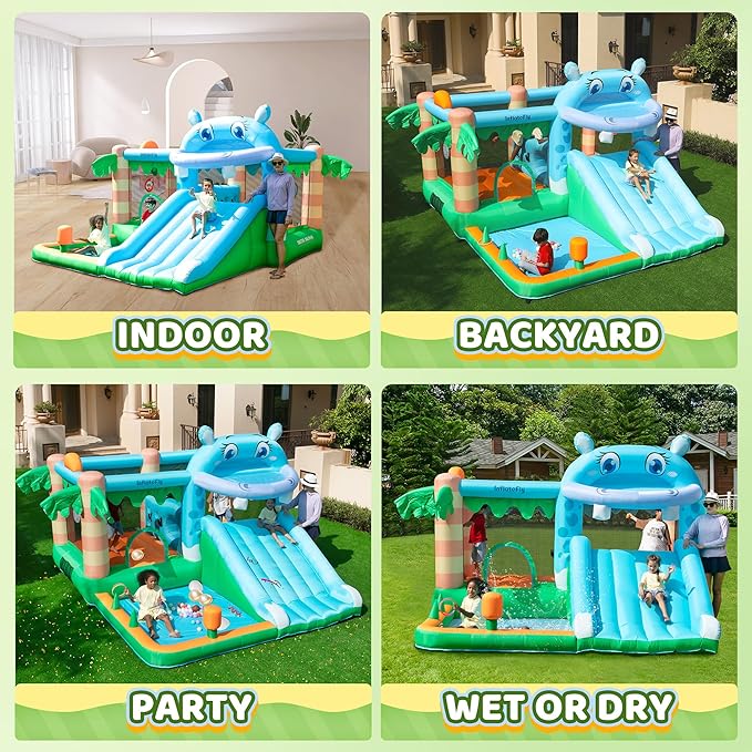 Inflatable Bounce House for Kids, Playhouse Castle with Blower Slides Ball Pit Pool Basketball Hoop and Toss Game for Kids Wet and Dry