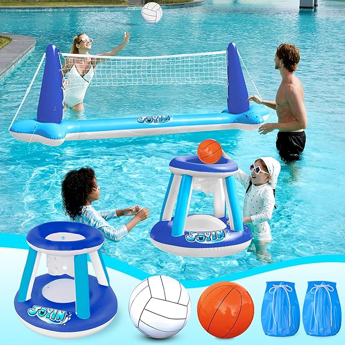 JOYIN Inflatable Volleyball Net & Basketball Hoops Pool Float Set; Balls Included for Kids/Adults, Summing Pool Game, Floating, Summer Floaties, Volleyball Court |Basketball,L-Dark Blue