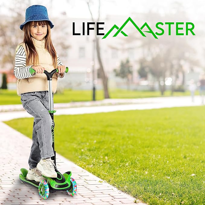 Kids Scooter – Foldable Seat – LED Wheel Lights Illuminate When Rolling – Children and Toddler 3 Wheel Kick Scooter – Adjustable Handlebar – Indoor and Outdoor- by Lifemaster