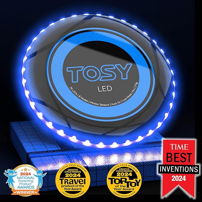 TOSY Flying Disc - 108 RGB Multicolor or 36 Monocolor LEDs, Super Bright, Smart Modes, Christmas Stocking Stuffers Gift, Camping Toy for Kid/Teen/Adult, Auto Light Up, Rechargeable, Waterproof, 175g