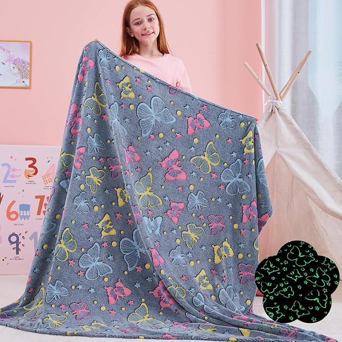 QSTEHEML Butterfly Glow in The Dark Blanket,Butterfly Gifts Toys for Kids Girls Age 3-12 Years Old, Birthday, for Daughter, Toddler, Teen, and Grandkids Soft Throw 50"×60"
