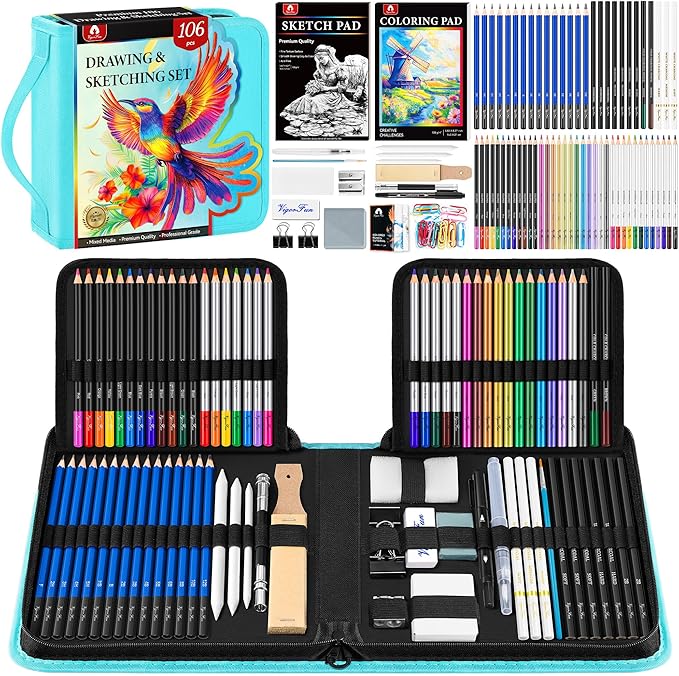 106 PCS Art Supplies Sketching Kit, Pro Drawing Pencils with 3-Color Sketchbook, Coloring Book, Colored Graphite Charcoal Watercolor & Metallic Pencils, Drawing Supplies Gifts for Artists Adults Kids