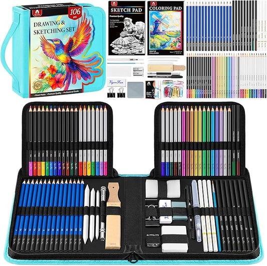 106 PCS Art Supplies Sketching Kit, Pro Drawing Pencils with 3-Color Sketchbook, Coloring Book, Colored Graphite Charcoal Watercolor & Metallic Pencils, Drawing Supplies Gifts for Artists Adults Kids