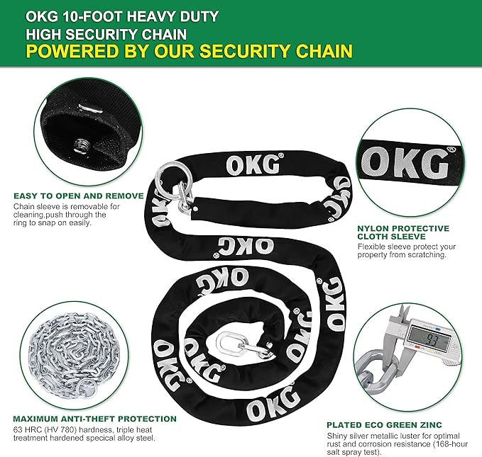 OKG Extra Long Security Chain - 10-Foot x 3/8" Thick Heavy Duty, Eco-Zinc Plated - Uncuttable for Outdoor & Indoor Use - Bike & Motorcycle Lock Chain - For Two+ 2-Wheeled Vehicles