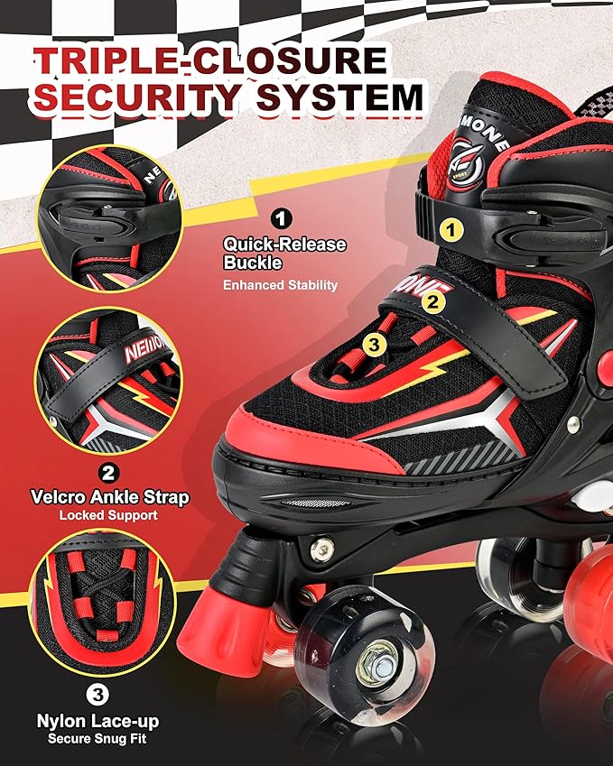 NEMONE Roller Skates for Boys Kids Ages 4-6 5-8 6-12 8-12 with 4 Sizes Adjustable Light up Wheels, Todder Beginner Rollerskates Indoor Outdoor Sports