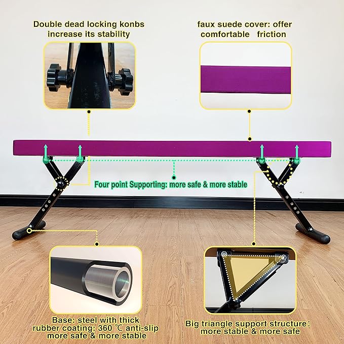 Adjustable Balance Beam 8 ft Gymnastic Beam Adjustable Height for Kids and Teenage of All Gymnastic Levels, Gymnastic Training Beam Gymnastic Equipment for Athlete Home and Gym Club Use