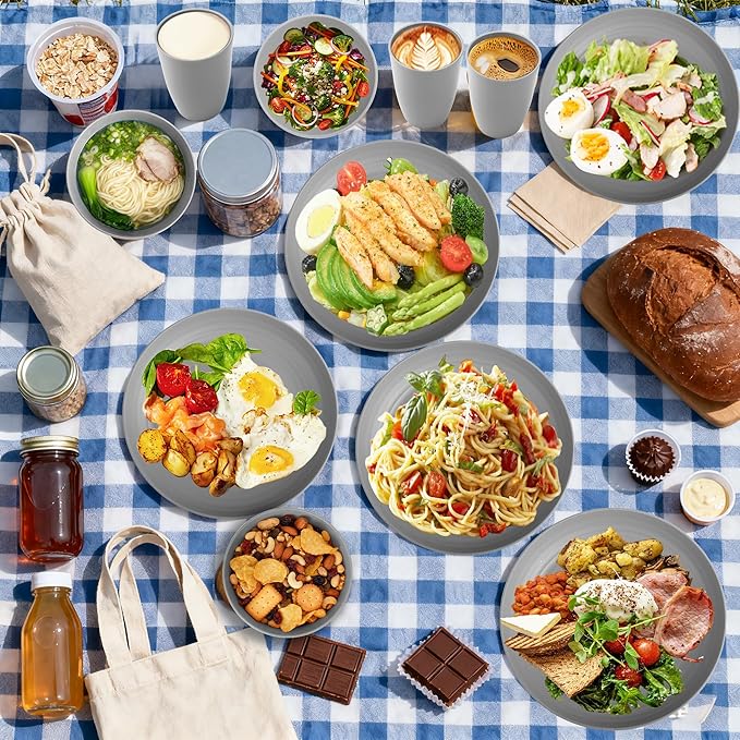 Dinnerware Sets 20 PCS, Wheat Straw Plates and Bowls Sets Service for 4, Microwave Dishwasher Safe Kids Tableware Set, Unbreakable Reusable Plastic Plates Set for Kitchen Office Travel Camping - Gray