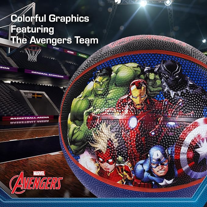 Marvel Avengers Basketball Size 6, Captain America, Iron Man, Captain Marvel, Black Panther, and Hulk Indoor and Outdoor Game Youth Sports Ball for Boys and Girls, Black