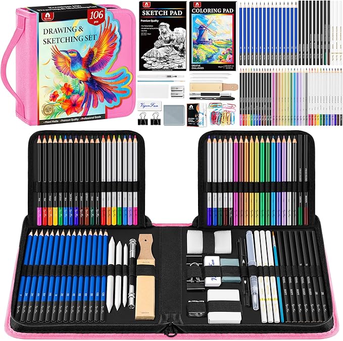 106 PCS Art Supplies Sketching Kit, Pro Drawing Pencils with 3-Color Sketchbook, Coloring Book, Colored Graphite Charcoal Watercolor & Metallic Pencils, Drawing Supplies Gifts for Artists Adults Kids