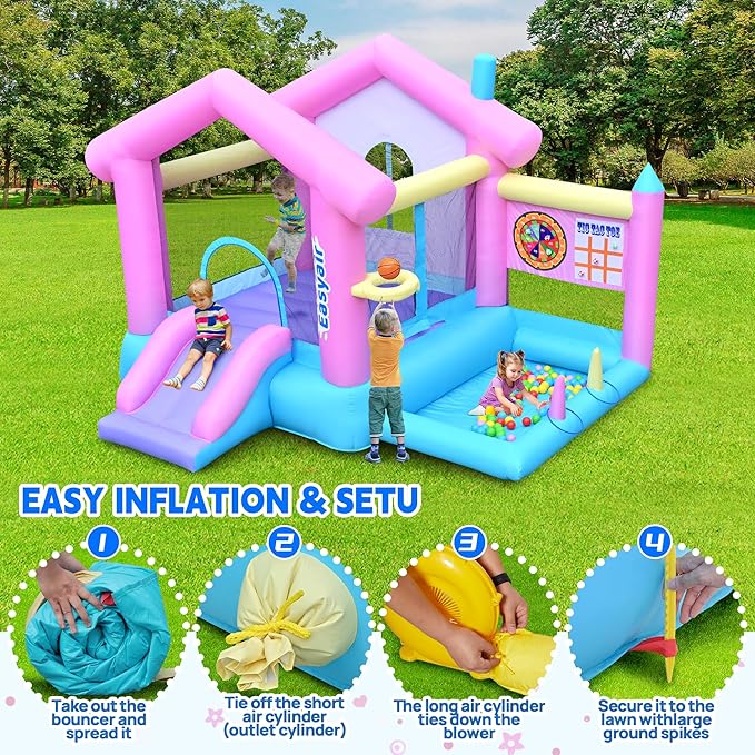 Inflatable Bounce House for Kids 3-10, 123" L x 110" Bouncy Castle, Jumping, Slide, Basketball Hoop, Ball Pits, Rings, Target Game Blower Included