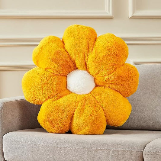 20" Large Yellow Flower Pillow Floor Pillow Seat Cushion – Faux Rabbit Fur Plush Throw Pillow, Cozy Floor Cushion & Gift for Kids Girls Adults