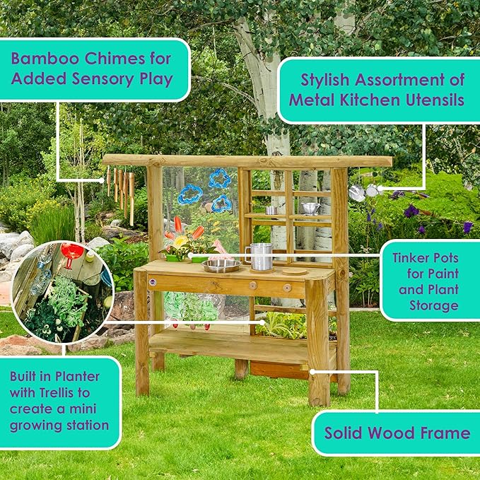 Plum® Discovery Mud Pie Kitchen for Kids Outdoor Toys - Play Toy Kitchen with Accessories, Wooden Kids Playset, with Built-in Gardening Planter and Painting Easel for Kid Age 3+