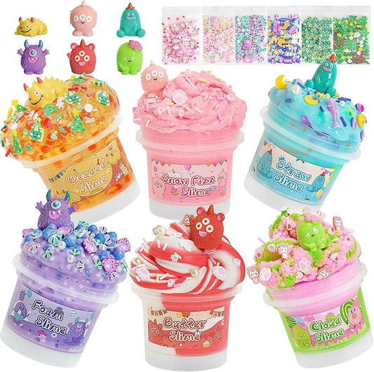 Monster Slime Kit 6×100ml, Slime Variety Pack with Different Textures, Fun Sensory Slimes Toys for Kids Adults, Slime Party Favors for Christmas Halloween Birthday Gifts