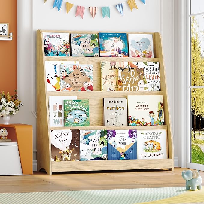 4 Tier Kids Bookshelf and Toy Storage Organizer, Child-Friendly Height & Stable Triangle Design, Toddler Book Shelf for Kids Room, Playroom, Bedroom, Classroom, Nursery, School, Natural