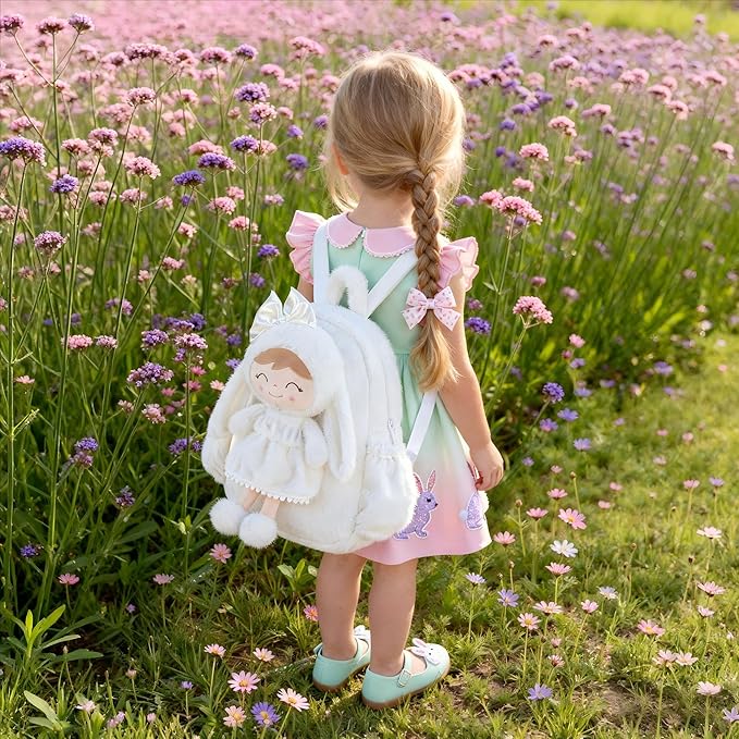 Gloveleya Toddler Backpack Plush Bag with White Bunny Detachable Design 11-inch Gift for Girl