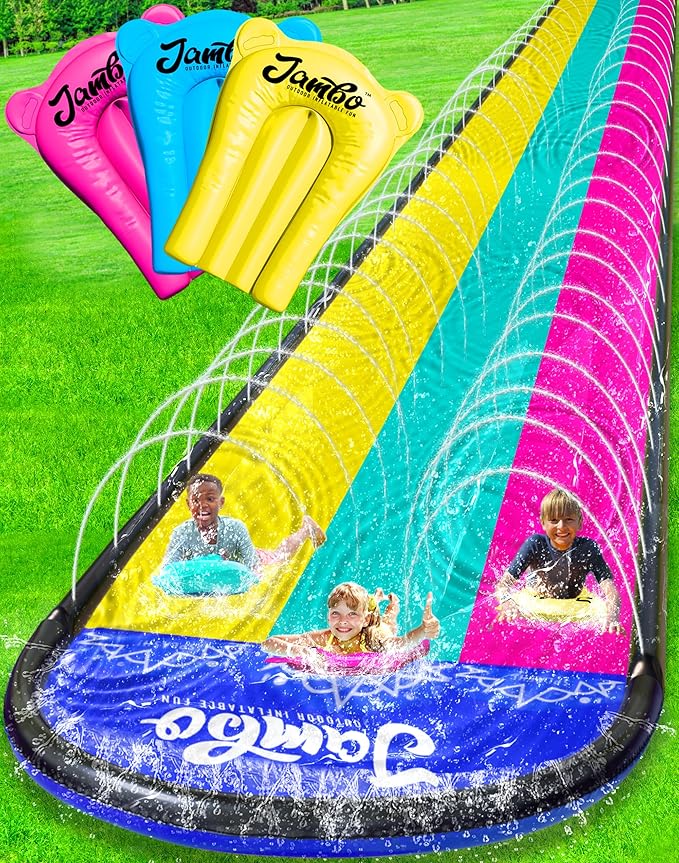 JAMBO XL 20Ft Premium Slip Splash and Slide with 3 Bodyboards, Heavy Duty Water Slide- Advanced 3-Way Water Sprinkler System, Backyard Waterslide Outdoor Water Toys n Slides for Kids Splash Pad