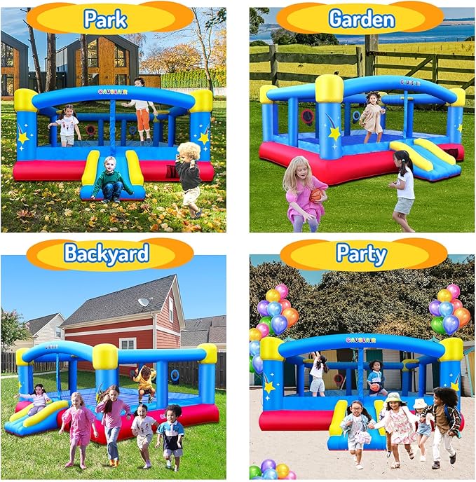 Big Inflatable Bounce House for Party Fun,15ft x 14.8ft,Double Basketball Hoop,Throw Ball Game,Reinforced PVC Bounce Floor,Jumping Bouncy Castle Holds 6 Kids