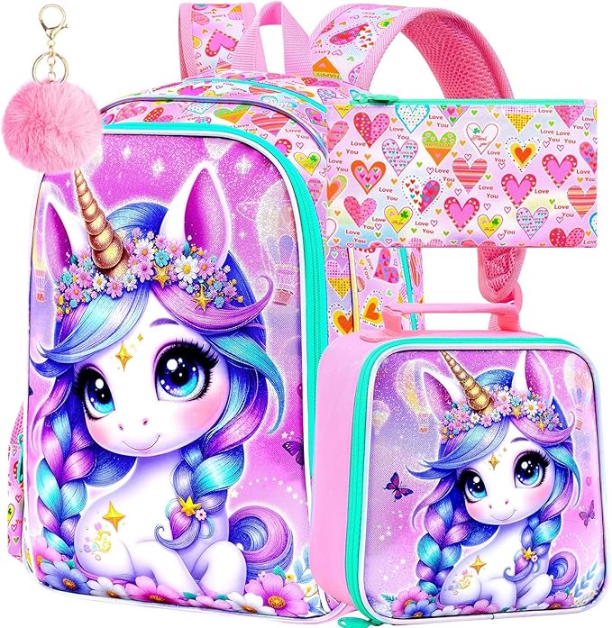 CCJPX 3Pcs Unicorn Backpack for Girls, 16” Kids Bookbag with Lunch Box, Water Resistant Elementary School Bag for Kindergarten Preschool Toddler (Pink)