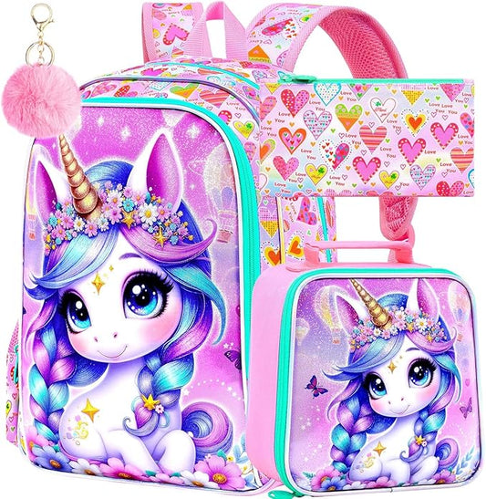 CCJPX 3Pcs Unicorn Backpack for Girls, 16” Kids Bookbag with Lunch Box, Water Resistant Elementary School Bag for Kindergarten Preschool Toddler (Pink)