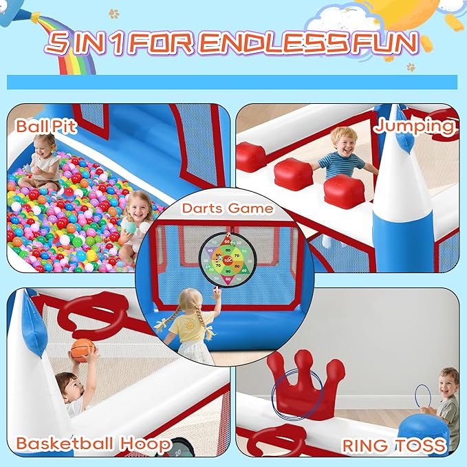 Kids Bounce House with Ball Pit, Basketball Hoop, Target Game and Ring Toss Game PVC Jumping Castle with Electric Air Pump 98”x 70”x 65” Trampoline for Ages 3-8 Indoor or Outdoor Play