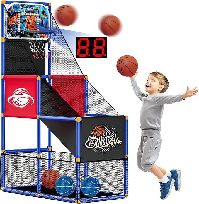 Kids Arcade Basketball Hoop with 4 Balls , Indoor Outdoor Single Shot Basketball Game for Toddler,Carnival Games Sport Toys Gifts for Boys Girls Ages 3-8 Years Old,Ideal for Competition,Pump Included