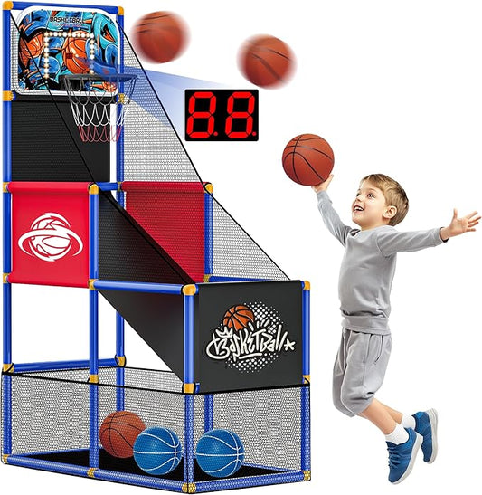 Kids Arcade Basketball Hoop with 4 Balls , Indoor Outdoor Single Shot Basketball Game for Toddler,Carnival Games Sport Toys Gifts for Boys Girls Ages 3-8 Years Old,Ideal for Competition,Pump Included