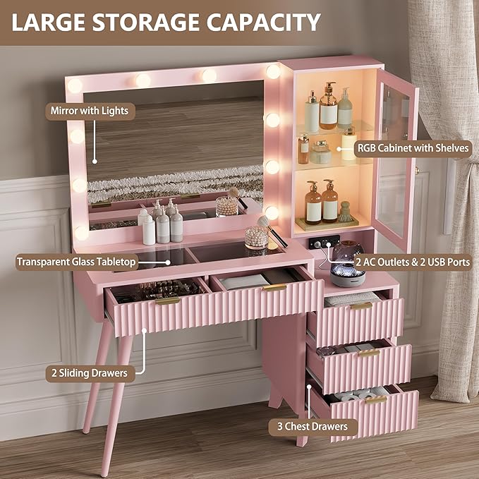 Makeup Vanity Desk with Mirror and Lights, 45" Fluted Wood Vanity Desk with Glass Top, 5 Drawers & RGB Glass Cabinet, Power Outlet, Mid Century Modern Dressing Table Set for Women Girls Bedroom