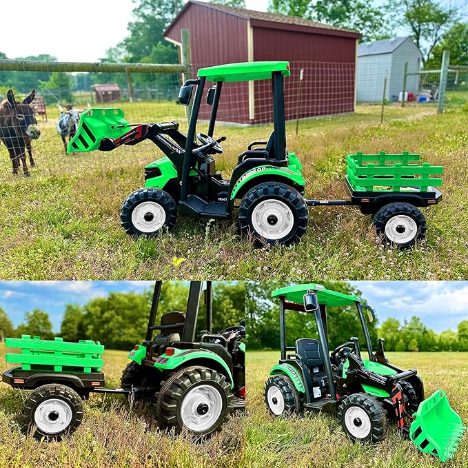 Kidsera 24V Kids Ride on Tractor with Trailer & Front Loader, 3 In1 Tractor 4-Gearbox 24volt Dual Motors Metal Frame, 24V Ride on Toys for Big Kids, Power Wheels Kids Electric Vehicles (Green)
