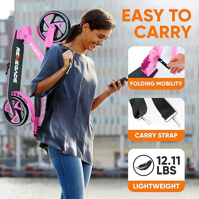 Hurtle Renegade Kick Scooter for Kids, Teenagers & Adults - 2-Wheel Folding Scooter with Adjustable T-Bar Handlebar - Alloy Anti-Slip Deck