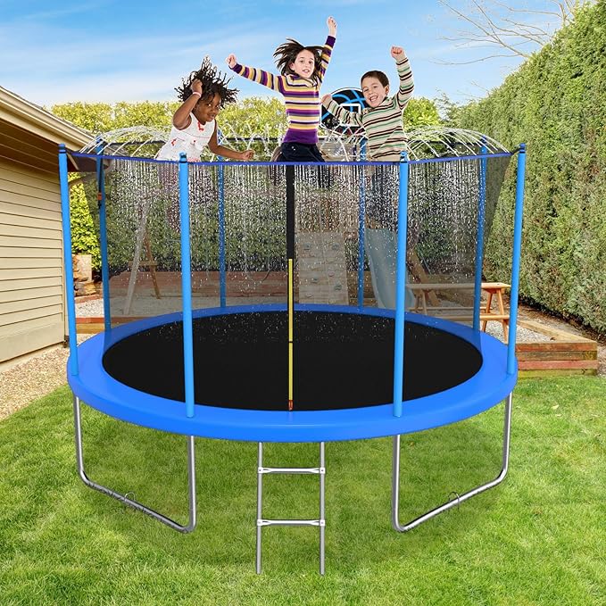 10FT/12FT/14FT Outdoor Trampoline for Kids and Adults - Trampoline with Basketball Hoop & Sprinkler - Anti Rust - ASTM Approved - Blue