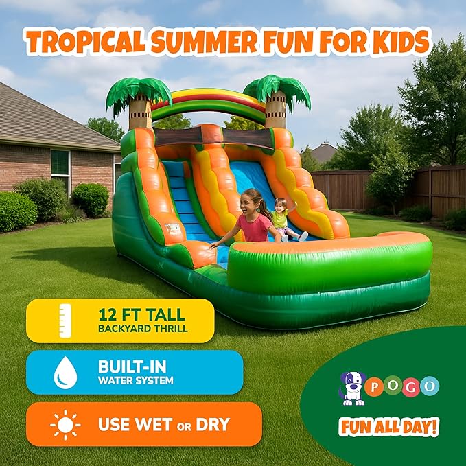 Pogo Bounce House Inflatable Water Slide for Kids & Toddlers with Inflatable Pool, Backyard, Park Commercial Use, Outdoor Water Play, Includes Blower Stakes, Splash Pool & Storage Bag, 21' x 9' - 12'